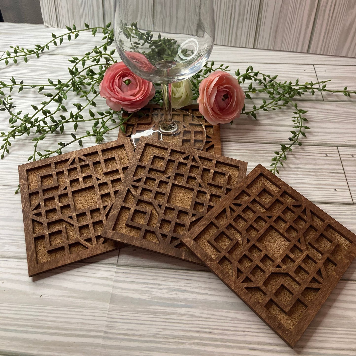 Reversible Wooden Geometric Drink Coasters with Cork Back